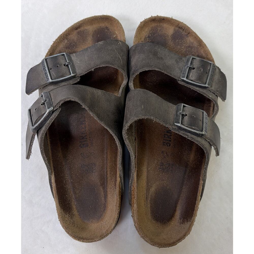 Birkenstock Arizona Two Strap Greige Distressed Leather Sandals Size 39 FreeShip - Picture 9 of 14